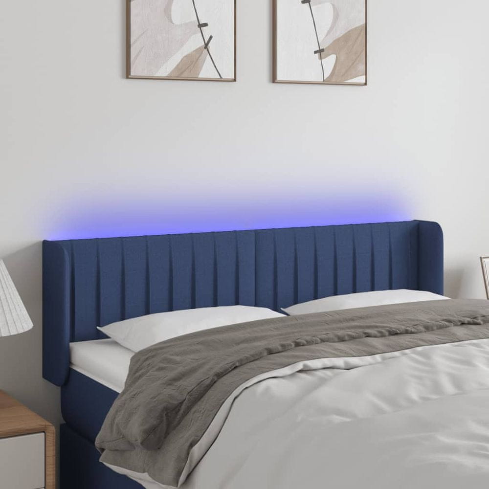 Vidaxl Čelo postele s LED modré 147x16x78/88 cm látka